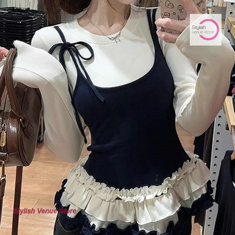 

Korean style fake two-piece lace vest bottoming long-sleeved T-shirt women's spring and autumn design sense slim inner coat