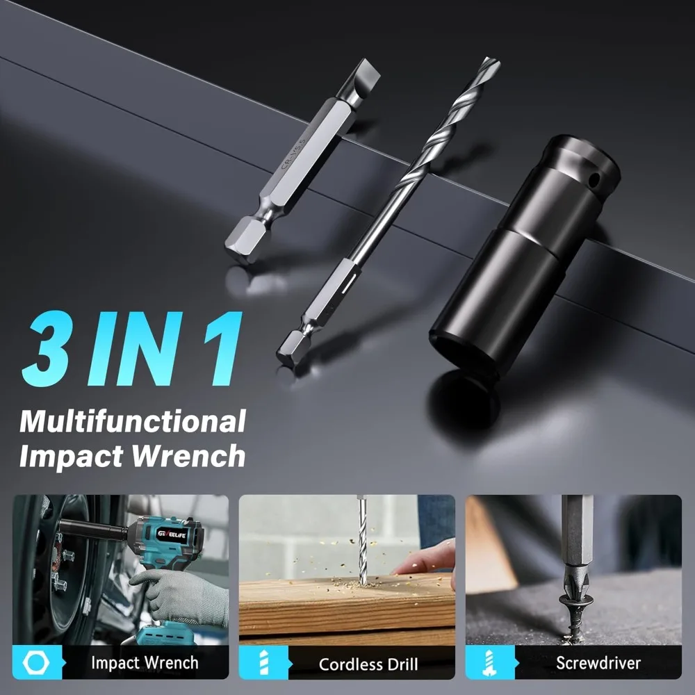 Obeng Impack Tanpa Kabel 450N.m/332Ft-lbs, Pistol Impack Tanpa Kabel 1/2 inci dengan Baterai 4.0Ah & 6 Soket, Obeng Impack Elektrik