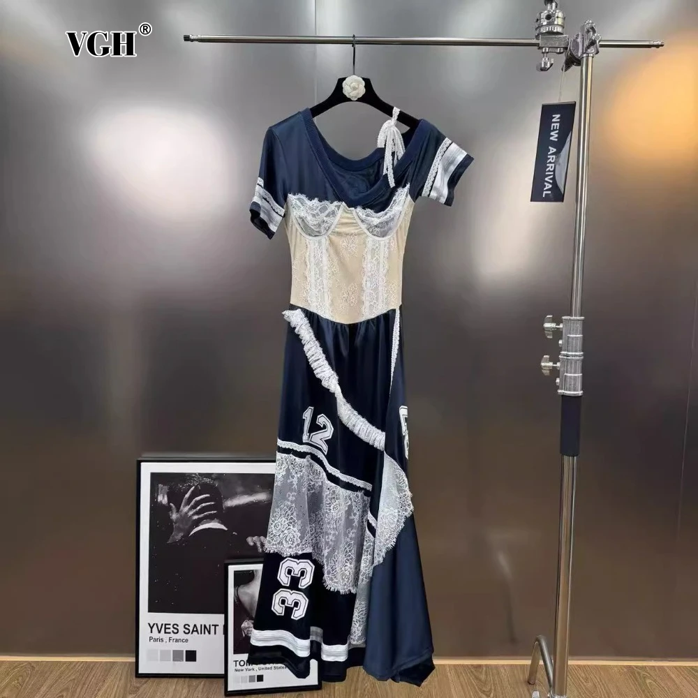 

VGH High Street Printing A Line Dress for Women V Neck Short Sleeve High Waist Patchwork Lace Amrican Retro Long Dresses Female