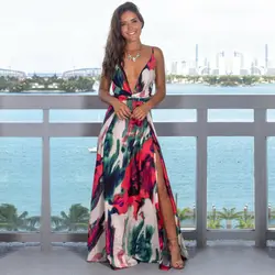 Women's Sling Floral Long Dresses  Summer Vestidos Boho V-Neck Sleeveless Party Beach Floarl Print Maxi Dress Casual Sundress