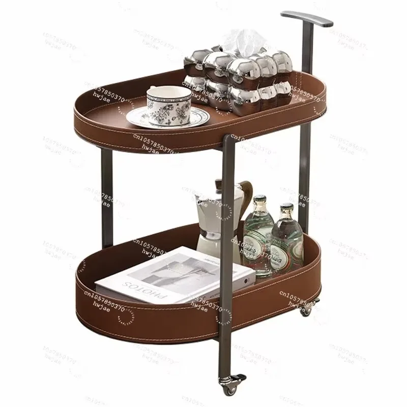 For Light Luxury Italian Saddle Leather Removable Living Room Sofa Side Cart Coffee Table Household With Wheels Storage Rack