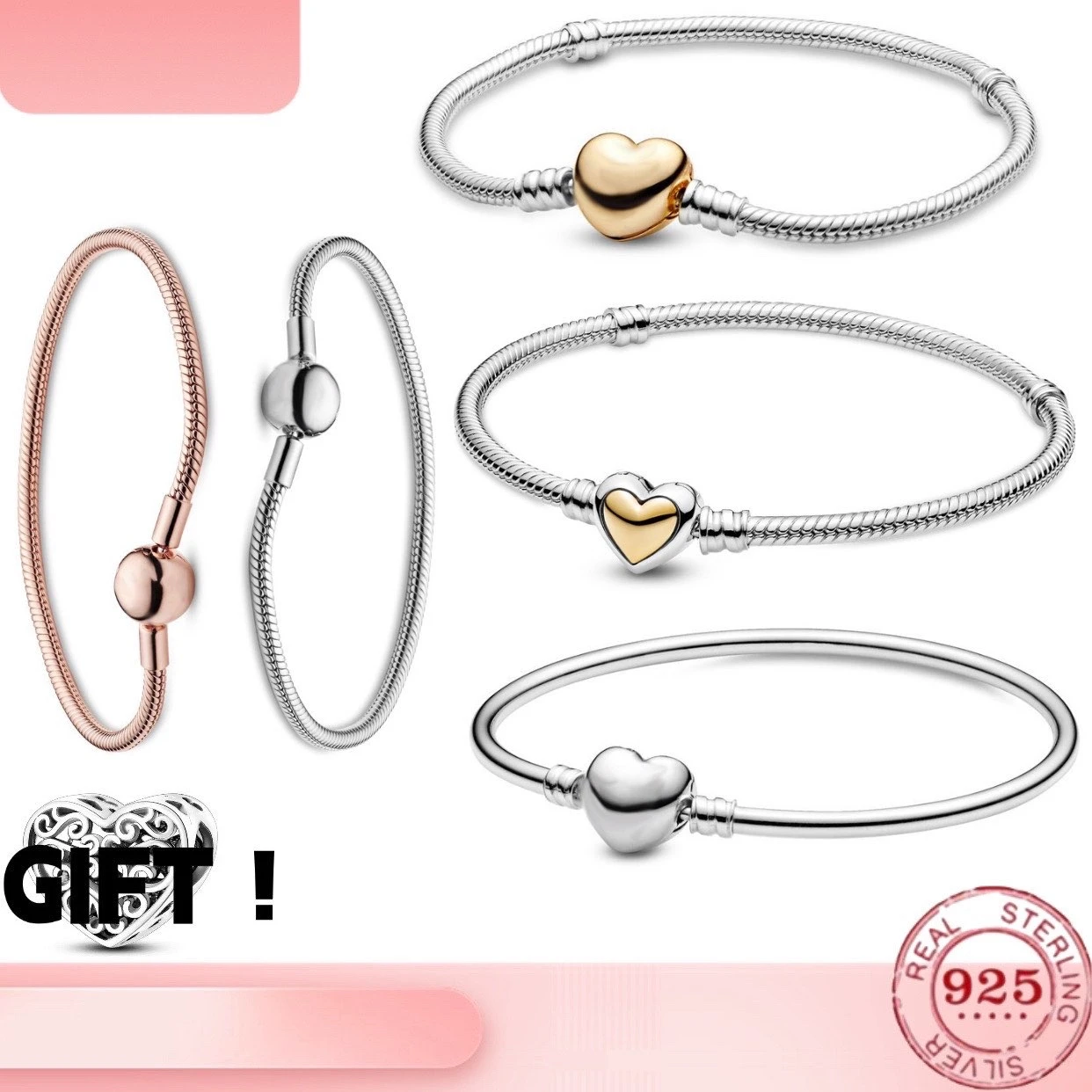 Bestseller: 925% reines Silber, klassische Serie mit herzförmigem Rundrohrkörper und Schlangenknochen-Armband für Frauen, DIY-Schmuckgeschenk – Detail 1