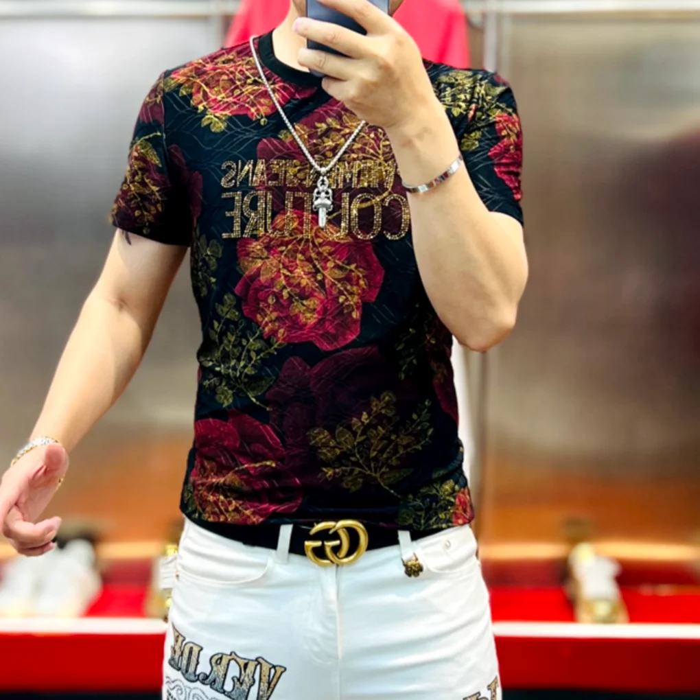 2025 New Jacquard Print Hot Diamond Roses Fashion Versatile Internet Celebrity Handsome Slim Fit and Slim Men Short Sleeves