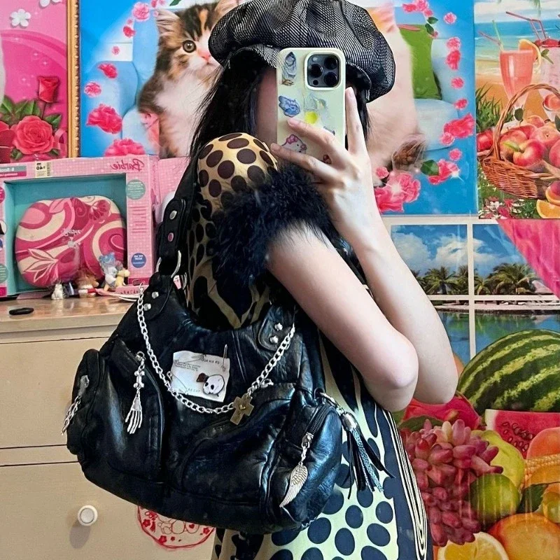 Y2K Girls Large Capacity Underarm Totes Bags Vintage Gothic Women Casual Travel Handbags Harajuku Biker Crossbody Shoulder Bags