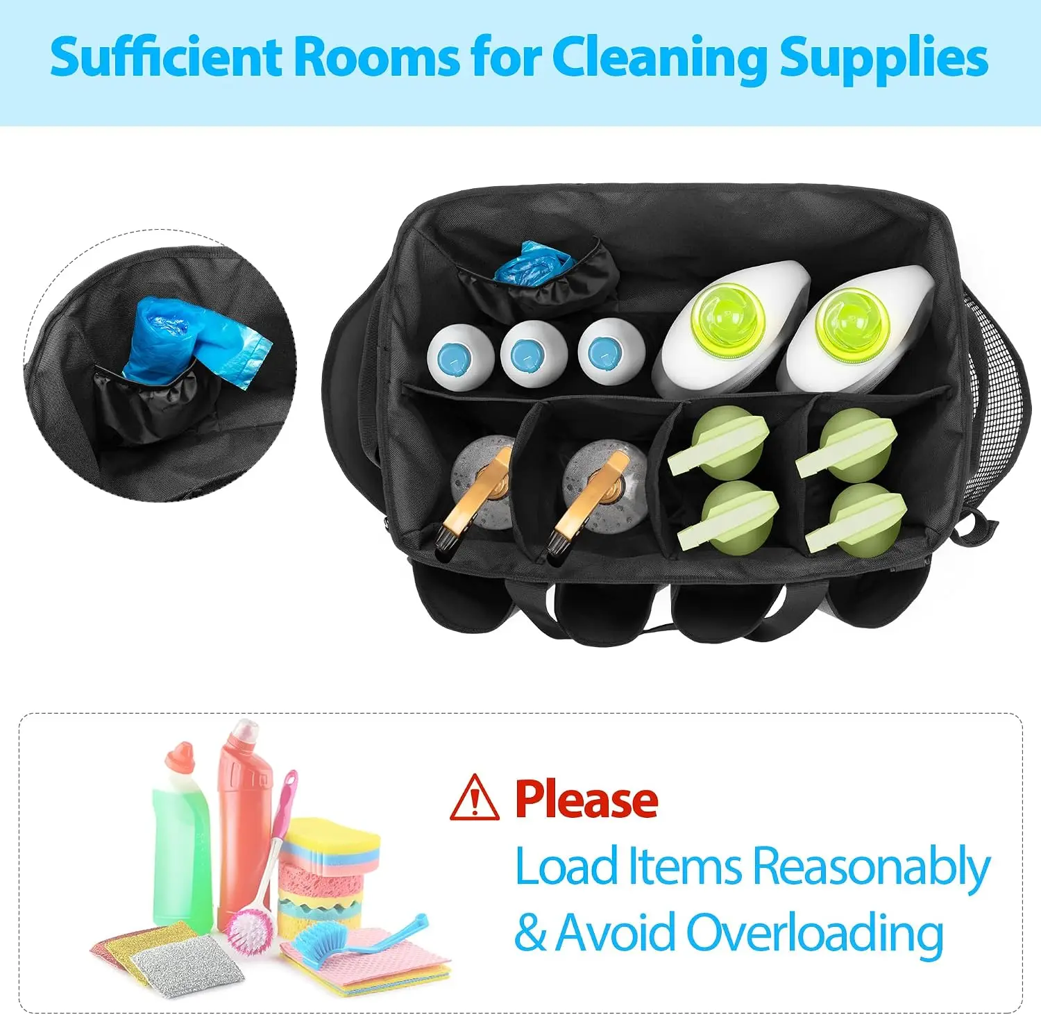 Large Cleaning Caddy Tote Bag with Pockets, Water-Resistant Nylon Organizer for Home Car, 19x11x11in Gray