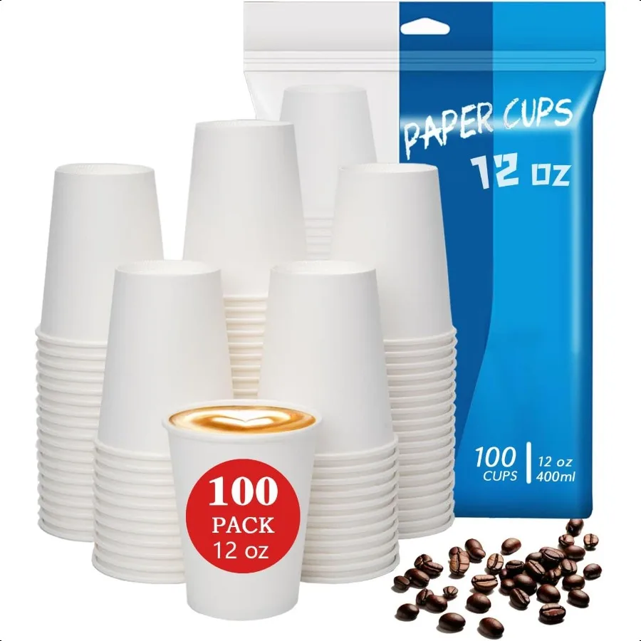 

100 count 12 oz Coffee Cups LeakProof Paper Cups 12 oz Sturdy White Paper Coffee Cups for Cold and Hot Drinks