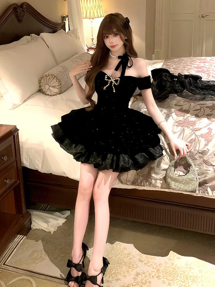 RORIRI بريق الماس القوس منتفخ فستان قصير المرأة خارج الكتف خمر الأسود المخملية سليم فستان الأميرة عيد ميلاد ملابس للحفلات