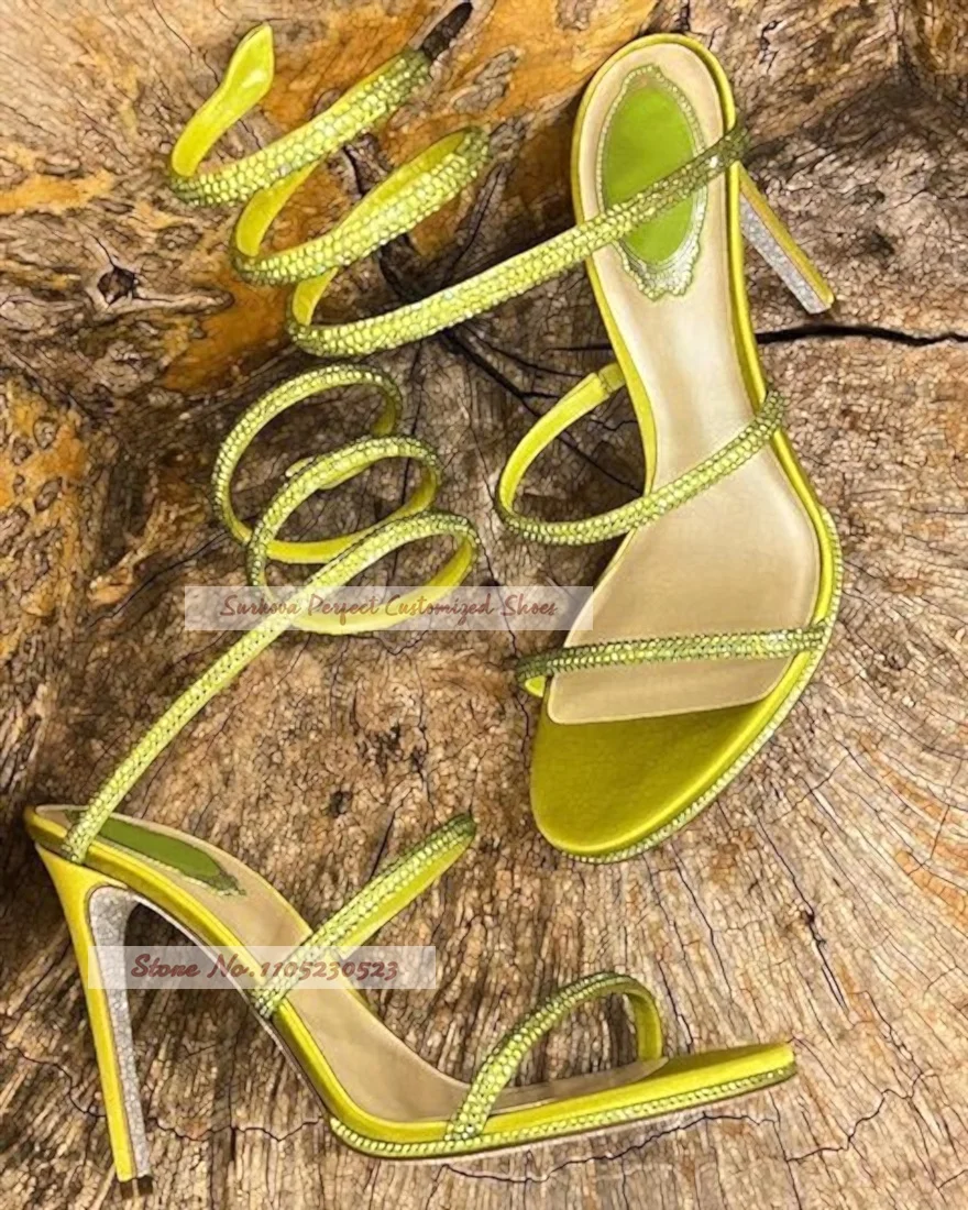 Gold Neon Blue Glitter Crystal Snake Shaped Sandals Bling Bling Rhinestone Twisted Strap Wedding Shoes Stiletto Heels