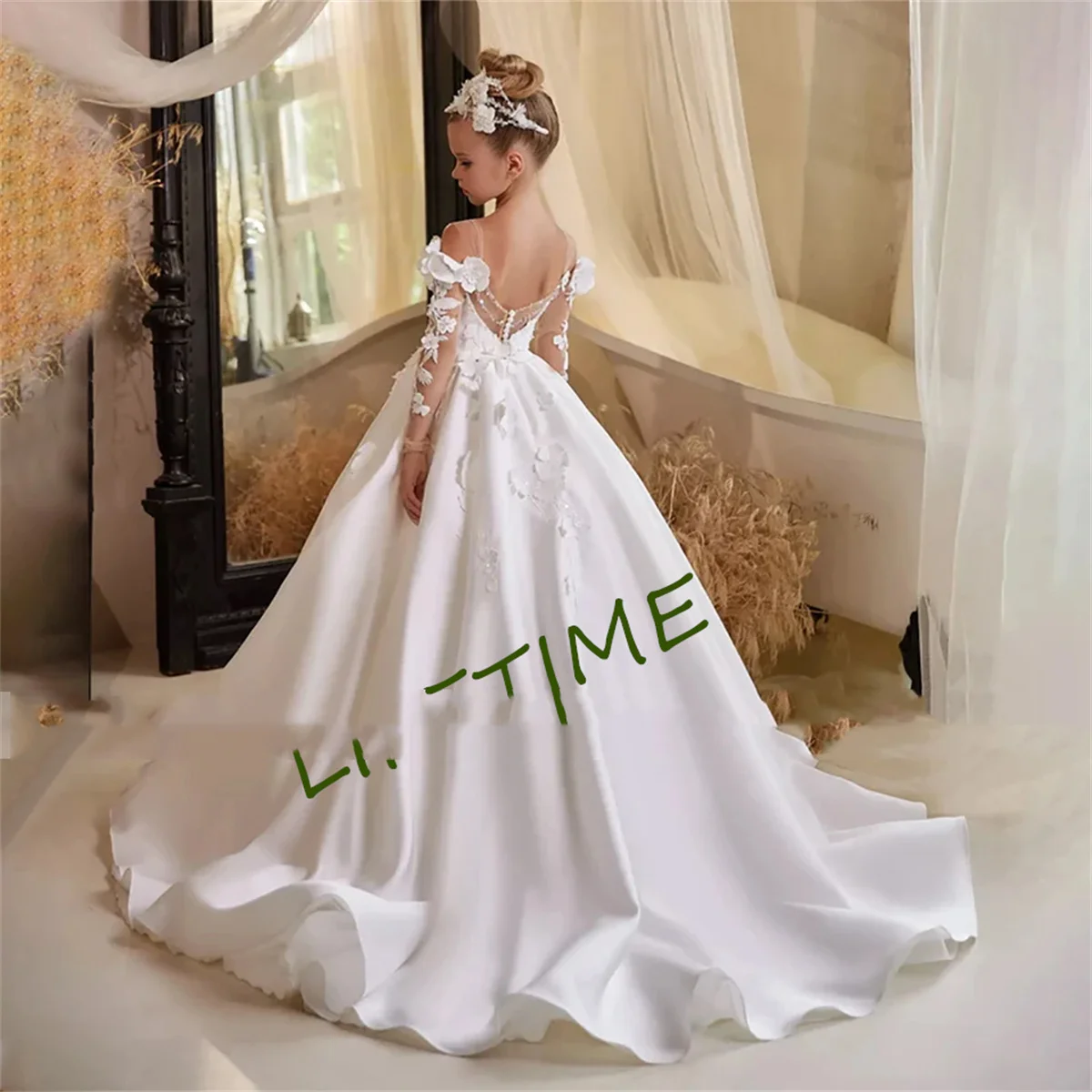 Vestido blanco de satén con apliques florales en 3D para boda, manga larga, lentejuelas brillantes, primera comunión, 2024
