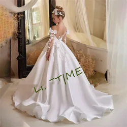 Luxury White Satin 3D Floral Appliques Flower Girl Dress For Wedding 2024 Sparkly Sequined Long Sleeves First Communion Gowns
