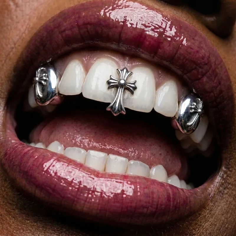 Hip Hop Single Tooth Grillz Gold Silver Cross Leopard Flower Tooth Cap Rapper Jewelry for Men Women Rave Cosplay Party