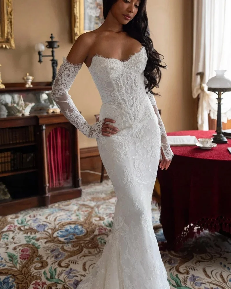 Exquisite Beading Sweetheart Long Sleeve Mermaid Wedding Dress Gorgeous Appliques Sweep Train Trumpet Bridal Gown Customized