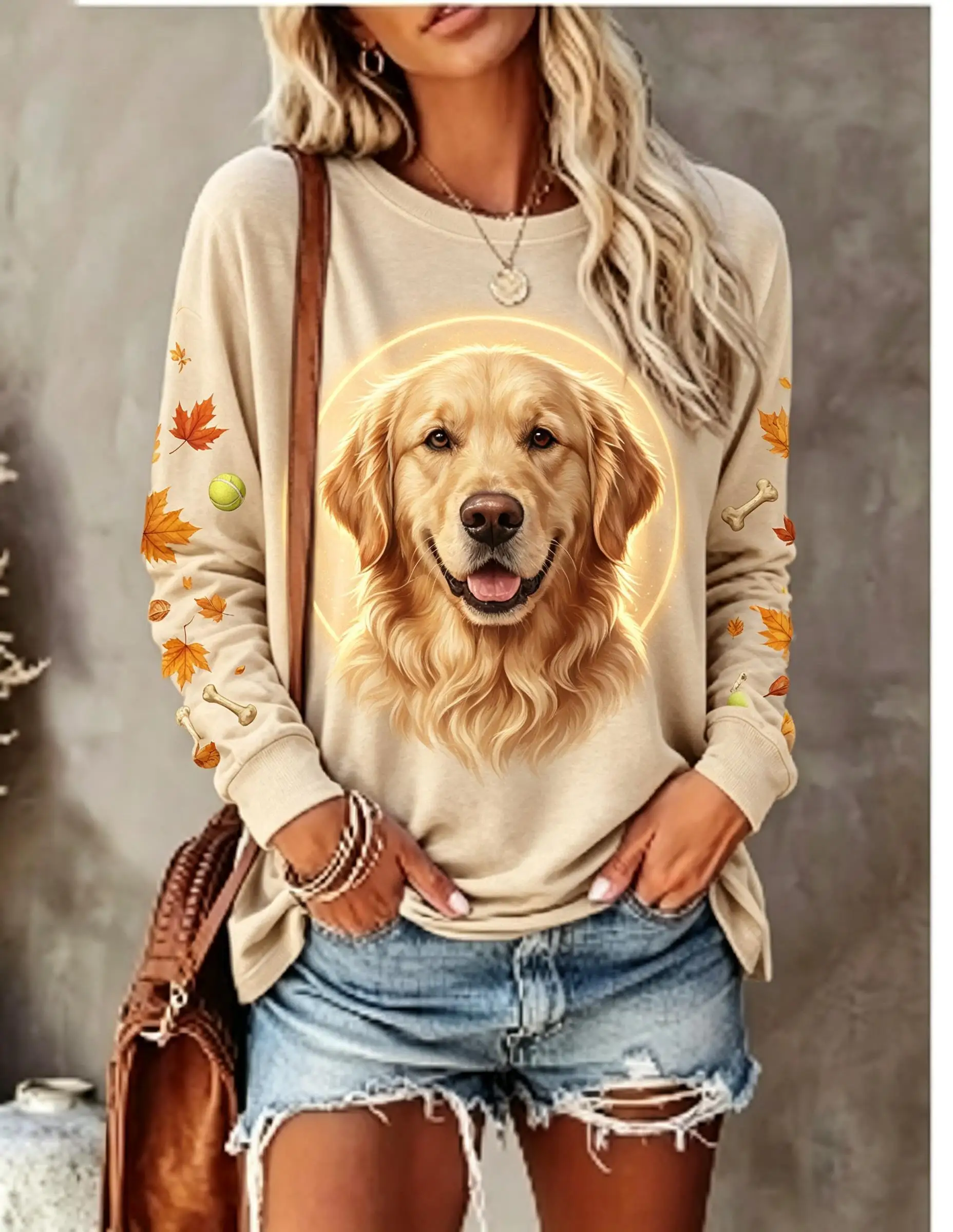 Women Long Sleeve T Shirt Golden Retriever Autumn Maple Leaf Print Crew Neck Casual Fall Tops