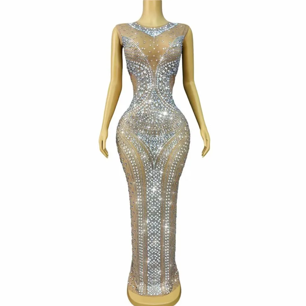 럭셔리한 반짝이 라인스톤 우아한 트림 핏 메쉬 드레스 여성 생일 이브닝 웨딩 프롬 가운 레드 카펫 촬영 무대 의상