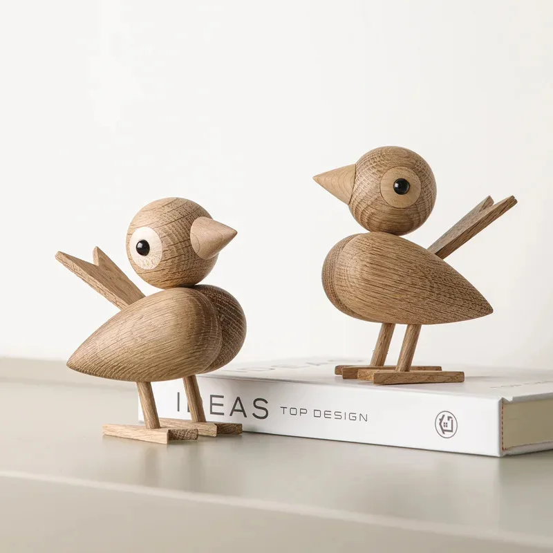Nordic Style Oak Sparrow Figurine Wooden Dolls Lovely Nature Teak Wood Bird Figures Ornament Home Decor Shelf Decoration Crafts