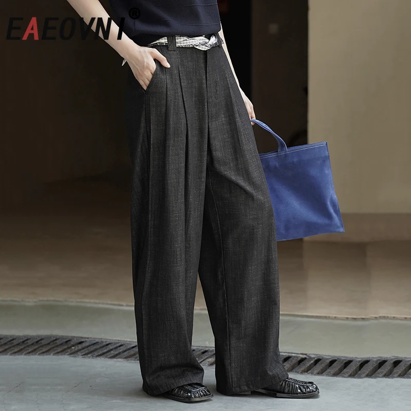 

EAEOVNI модные джинсовые длинные брюки женские кружевные повязки на талии дизайн свободные широкие джинсы уличная одежда 2025 осенняя новая одежда