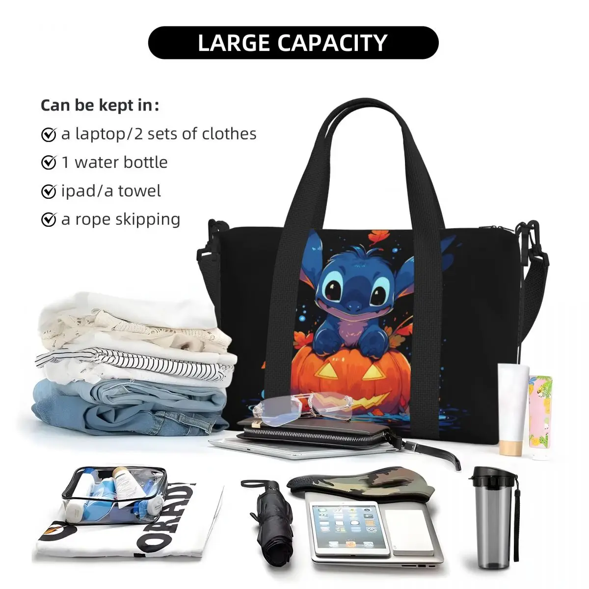 Custom Halloween Stitch Tote Bag for Women Big Capacity Disney Gym Beach Travel Bags