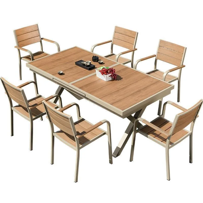 

Courtyard garden villa outdoor yard with multi-person plastic wood telescopic set dining table