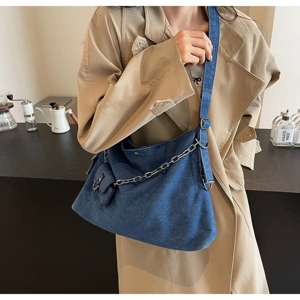 With Small Bag Denim Shoulder Bag Large Capacity Retro Handheld Tote Bag Korean Style Versatile Women's Chain Crossbody Bag