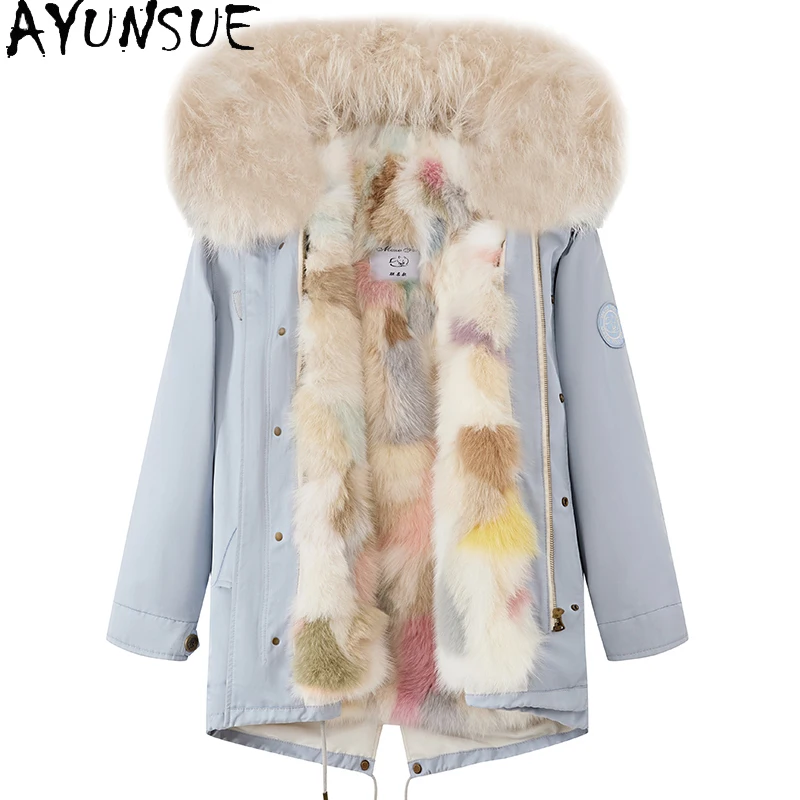 AYUNSUE 중간 길이 여우 모피 파카 여성 2025 streetwear 여성 의류 용 리얼 모피 코트 겨울 따뜻한 코트 너구리 모피 칼라