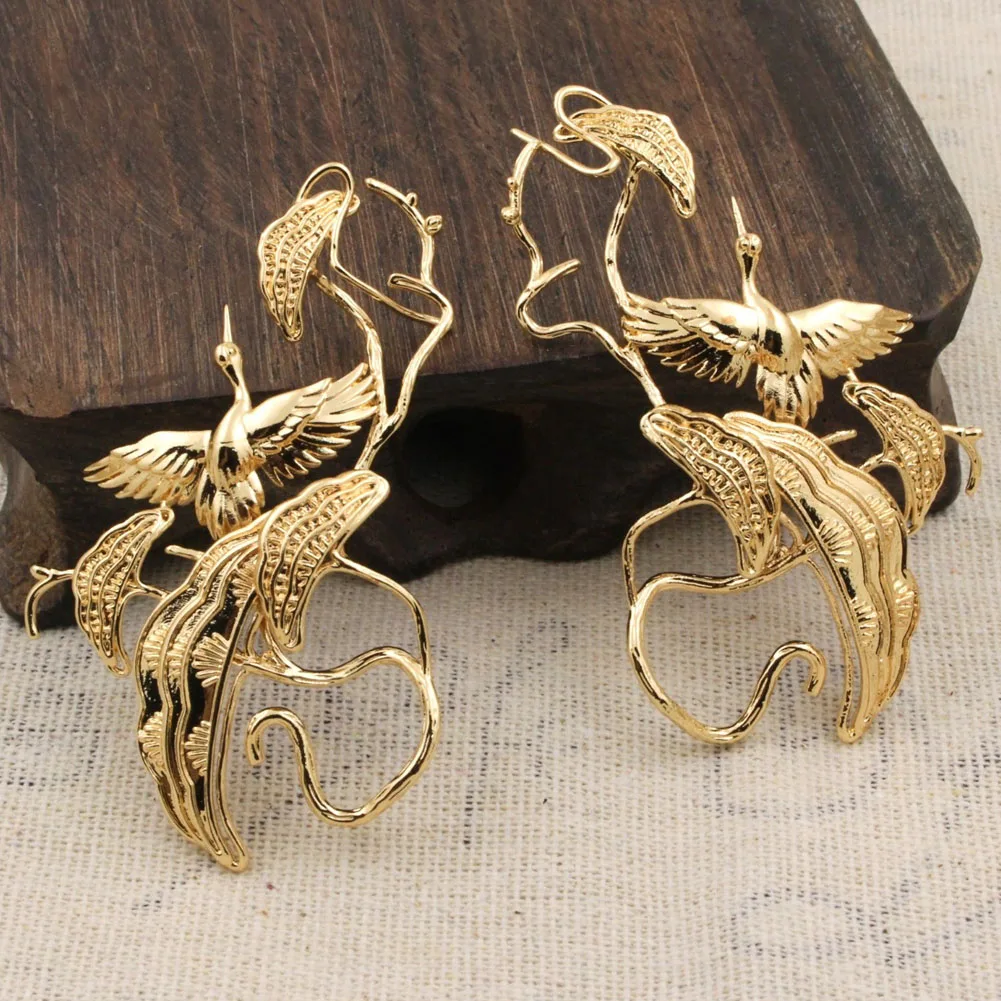 3pair 65x39mm Quality Brass Casted Red-Crowned Crane Pine Tree Leaf Branch Stamping Decoration Findings DIY Jewelry Accessories