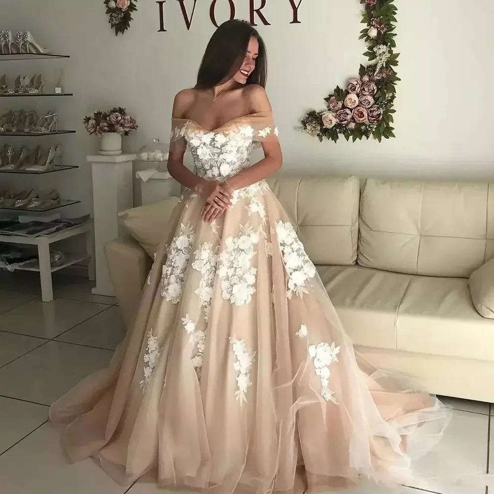 Luxury Off the Shoulder V-neck Tulle Wedding Dress for Bride Sleeveless Applique Lace A-line Court Wedding Gown فستان الزفاف