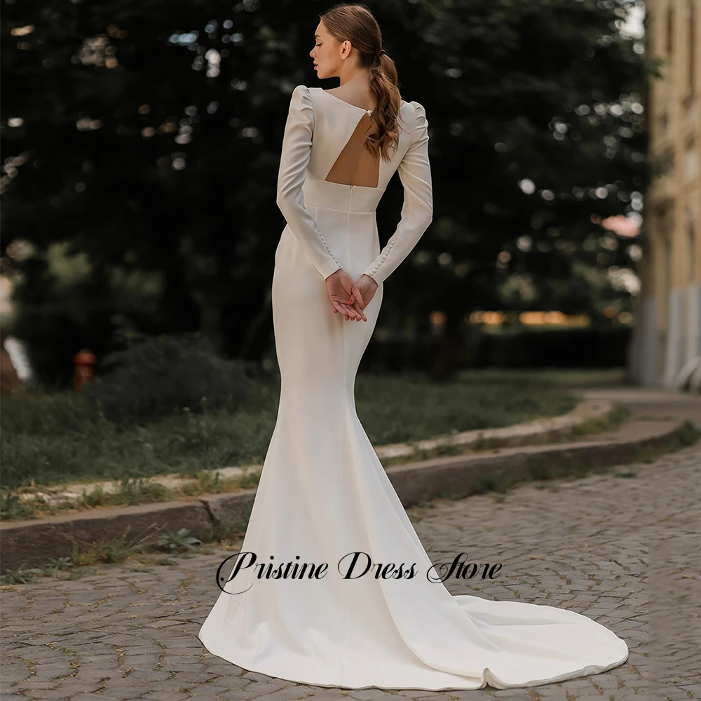 Modern Women Pleats Deep V-Neck Mermaid Wedding Dess with Court Train Customized Zipper Back Jersey Long Sleeves Bridal Dress