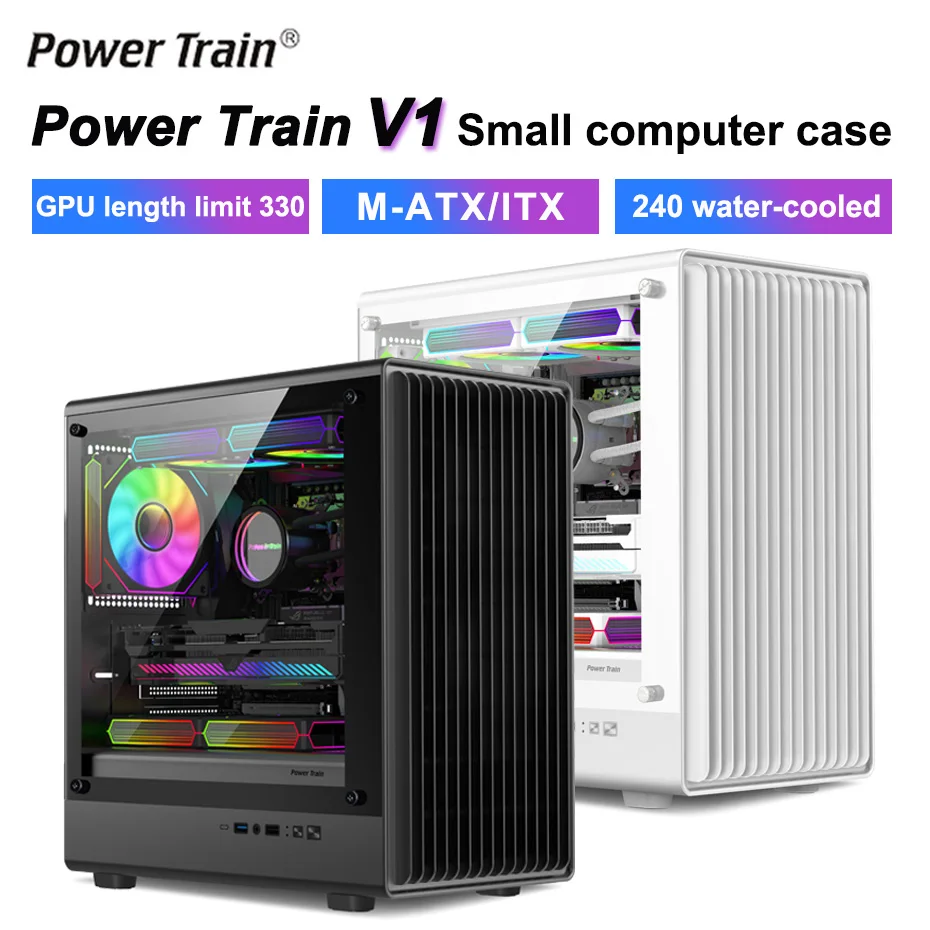 Корпус Power Train V1 MATX для настольного компьютера, боковое прозрачное стекло, вертикальное хост ITX, поддержка шасси 240/280, водяное охлаждение