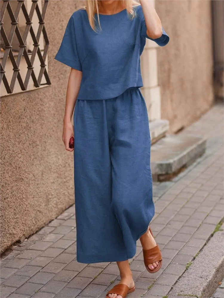 Summer Loose O-Neck Top Wide Leg Pants Two Piece New Elegant Pullover Pants Summer Suit Women Harajuku Style Cotton Linen Suit