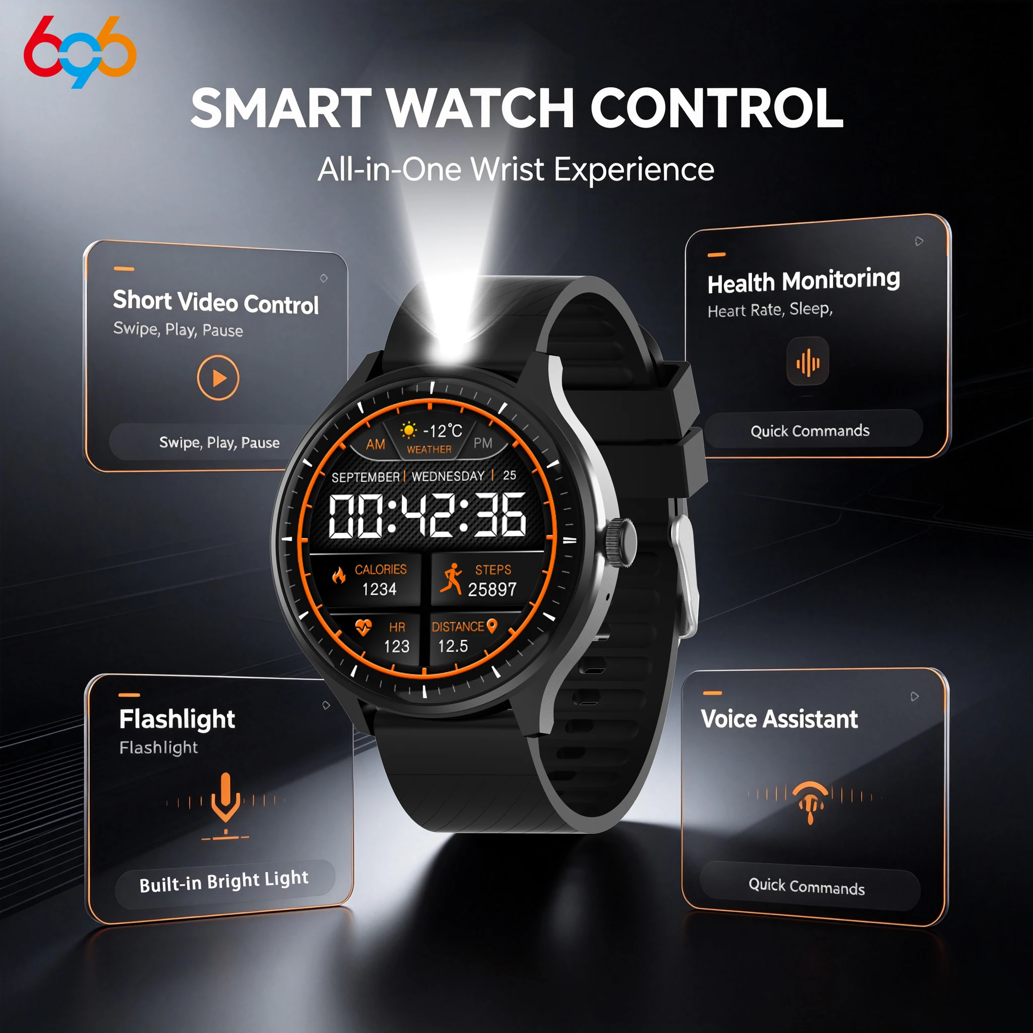 696 Men Women Smart Watch Short Video Control LED Flashlight Watches Heart Rate Health Clock Sports Voice Assistant Smartwatch