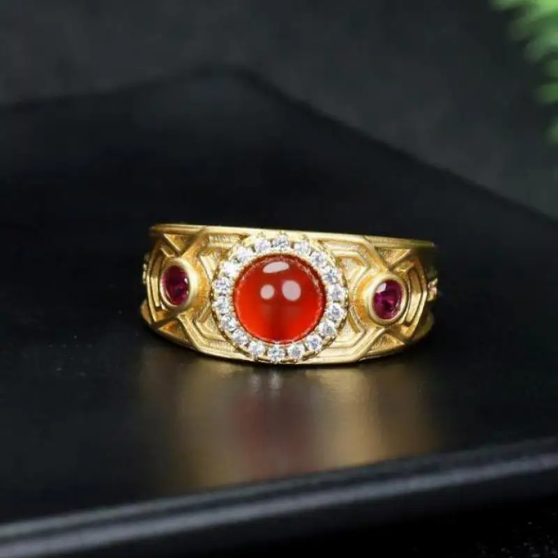 Natural Myanmar Jadeite Grade A Red Burma Jade Zircon Ring 24k Gold Plated Copper Jewelry Women Healing Gemstone Fine Jewelry