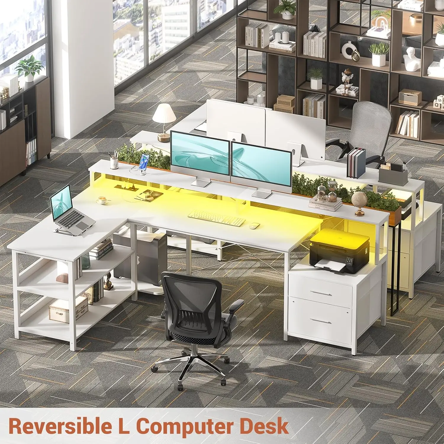 L Shaped Desk Power Outlet Reversible File Drawer Monitor Stand LED Strip Gaming Storage Shelf Office White, Customized