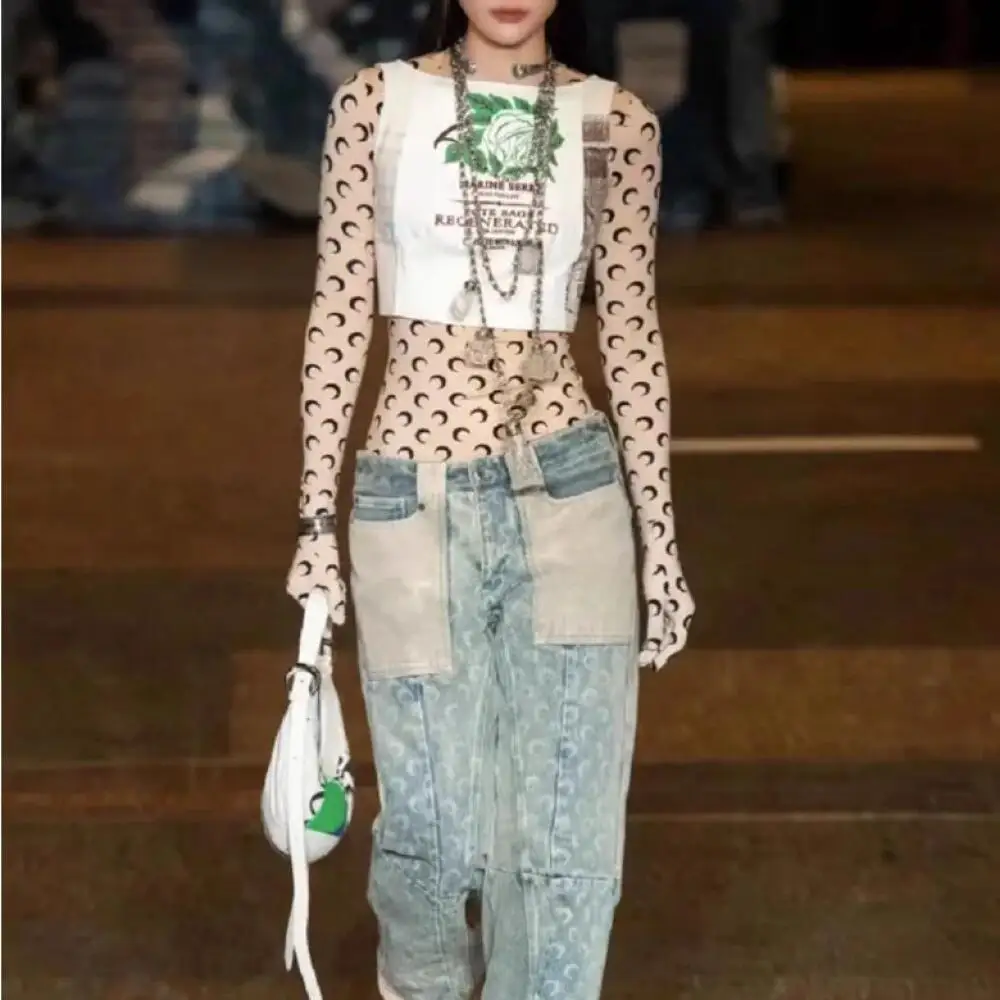 จั๊มสูทผู้หญิงสไตล์ Y2K ลายดวงจันทร์ แขนยาว คอกลม ยืดหยุ่น แฟชั่นฤดูใบไม้ร่วง เซ็กซี่
