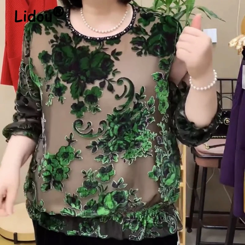 Middle Aged Elderly Women Clothing Autumn Winter Stylish Flower Print Basic T-shirt Ladies Casual O Neck Long Sleeve Loose Tops