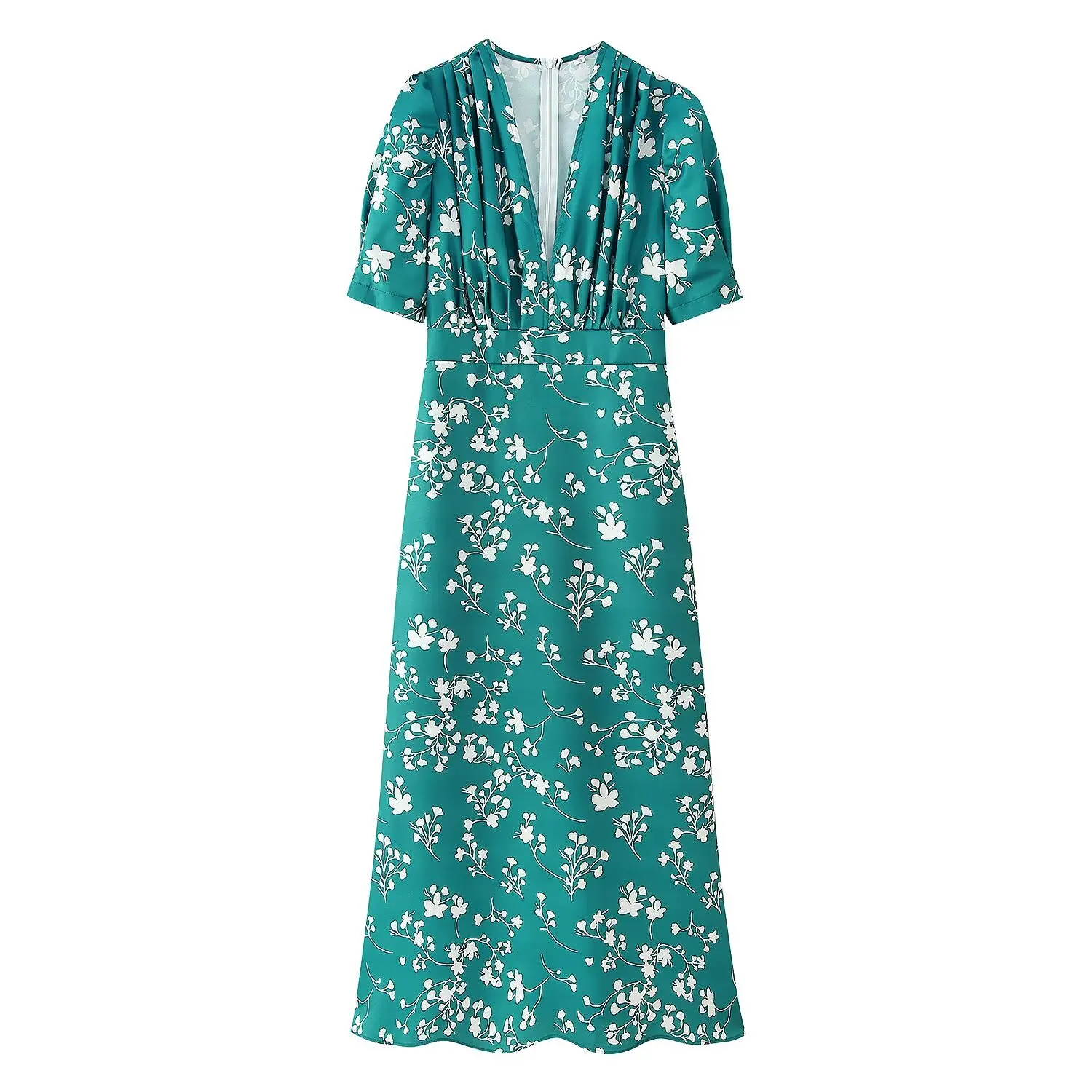 Modieuze INS-stijl nieuwe damesjurk met geplooid ontwerp met V-hals voor woon-werkverkeer Stijl en casual lange rok met MIDI-print