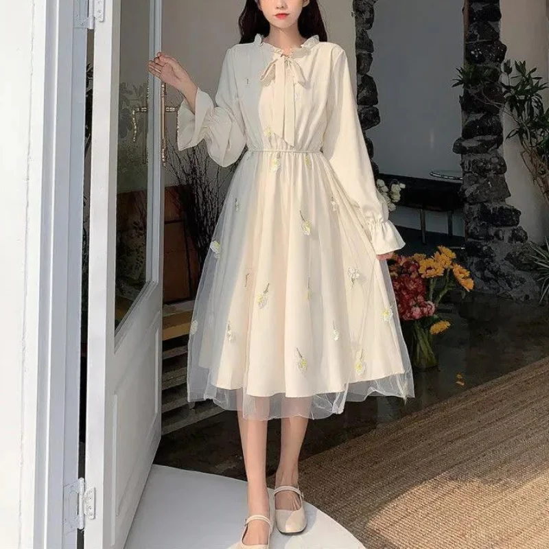 

Academy Style Dress Women's Autumn New Round Neck Drawstring Solid Bow Ruffles Gentle Gauze Patchwork Butterfly Sleeve Dresses