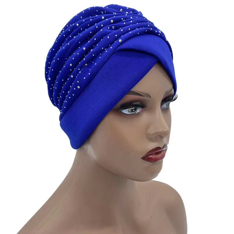 Glitter Diamond Pleated Turban Hat for Women Muslim Headscarf Cap Lady Head Wrap Bonnet Fashion Hijab Turbans African India Hats