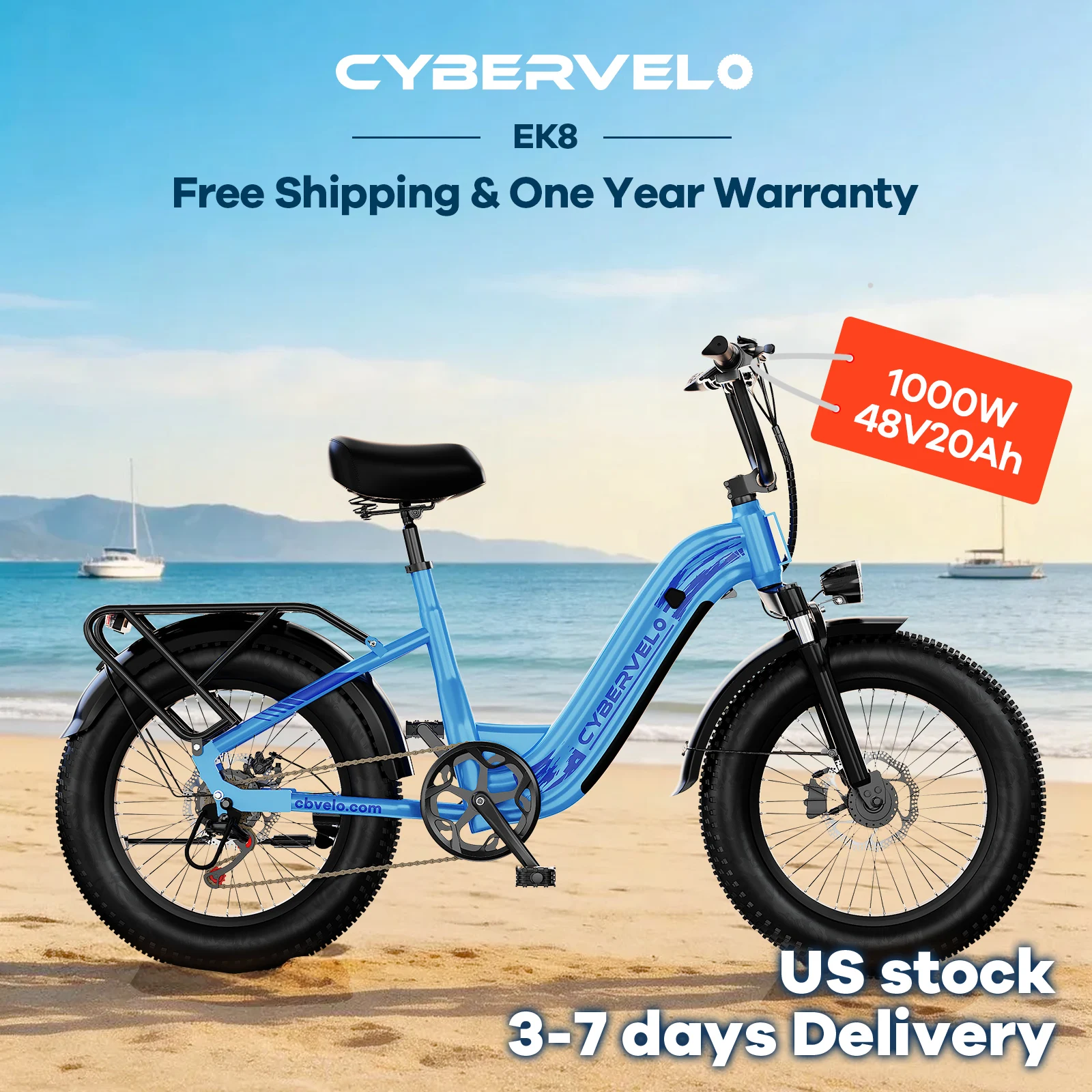 

20-дюймовый электровелосипед с широкими шинами и низкой рамой для взрослых, 48В 20Ач, со съемной батареей, 7-скоростная система переключения передач, широкое сиденье, корзина, подножка, EK8, новинка