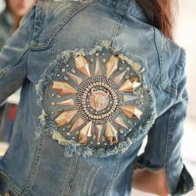 Women Short Cowboy Coats Leisure Outwear Slim Diamonds Half sleeve Women\'s Denim Blue Jacket Coat Holes Jean Jackets