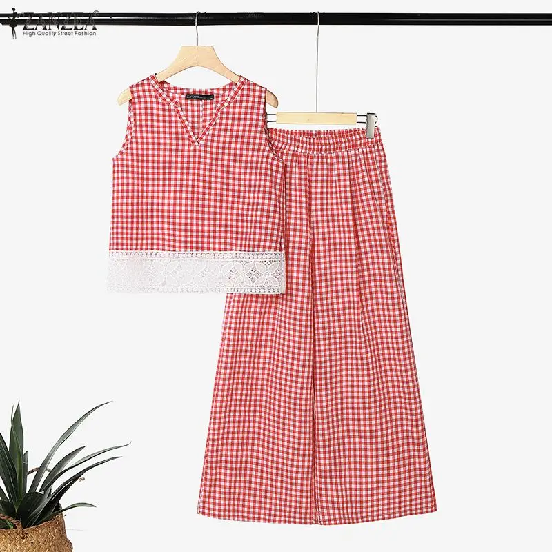 

ZANZEA Stylish Women Outfits Summer Plaid 2 Pieces Sets V Neck Sleeveless Tanks Tops Wide Leg Pant Sets Elegant Work Tracksuit