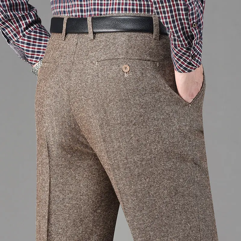 Vintage Autumn Winter Thicken Wool Fleece Suit Pants Men Middle Age High Waist Straight Loose Business Casual Straight Trousers