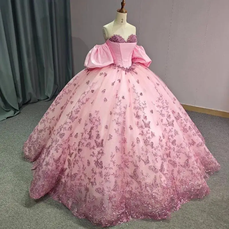 

Pink Quinceanera Dresses Off Shoulder Gillter Bow Pearls Tull Corset Mexican Birthday Party Sweet 16 Vestido 15 años