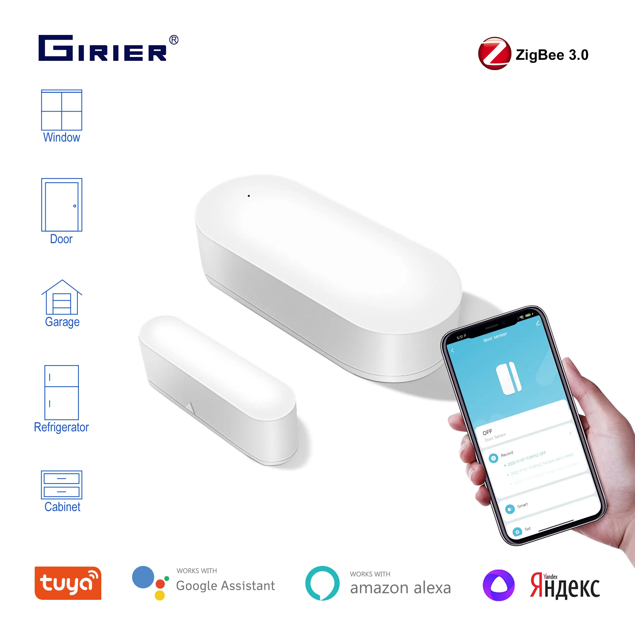 GIRIER-Sensor de ventana y puerta ZigBee, Detector inalámbrico inteligente para puerta de garaje/cajón, funciona con la aplicación Smart Life,