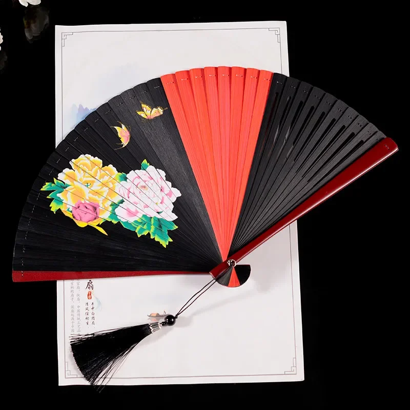 Full Bamboo Fan Carving Hollowed Out Japanese Style Antique Folding Xianhe Fan Classical Hanfu Compact Dance Portable Gift