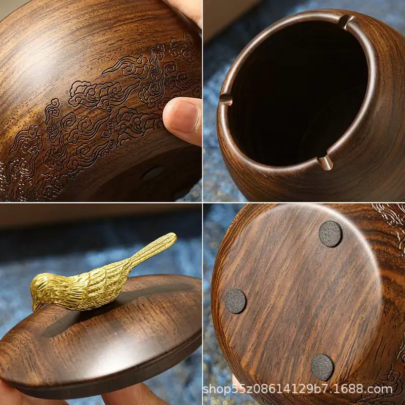 Solid Wood Ashtray with Lid, Multi-functional, Smoke-proof Design for Living Room Home Use