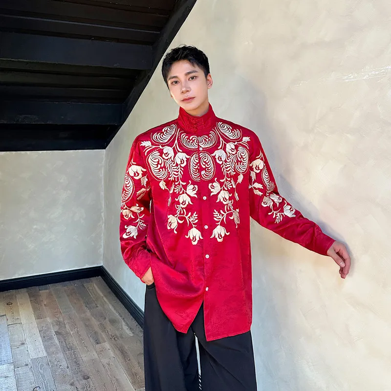 

Новая мужская рубашка в китайском стиле с длинным рукавом, вышивкой, воротником-стойкой, для весны и осени, красная, молодежная, модная, свободного кроя
