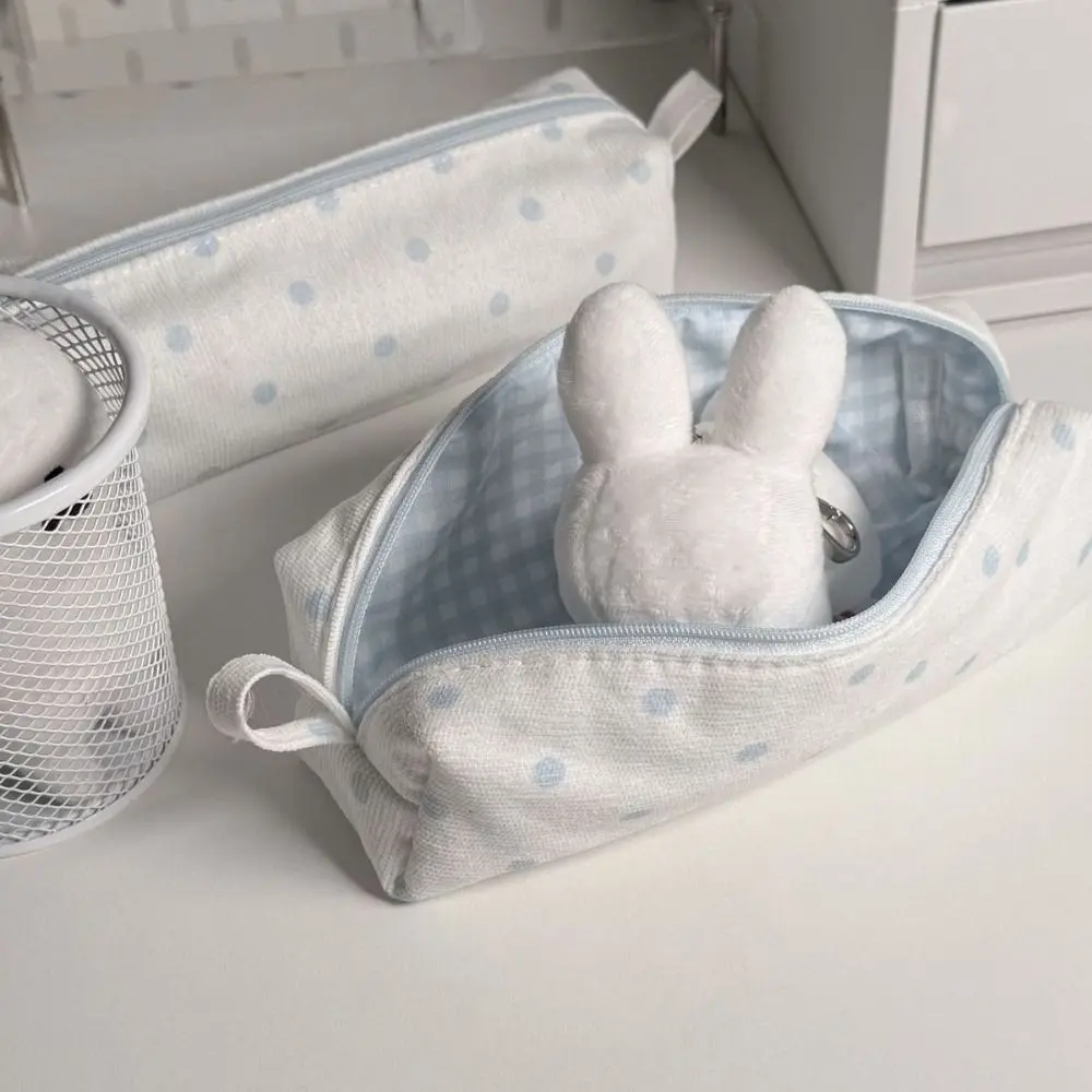 Estuche portátil para lápices de color crema, bolsa de almacenamiento de papelería multifuncional con lunares, bolsa para bolígrafos de gran capacidad, regalo para estudiantes