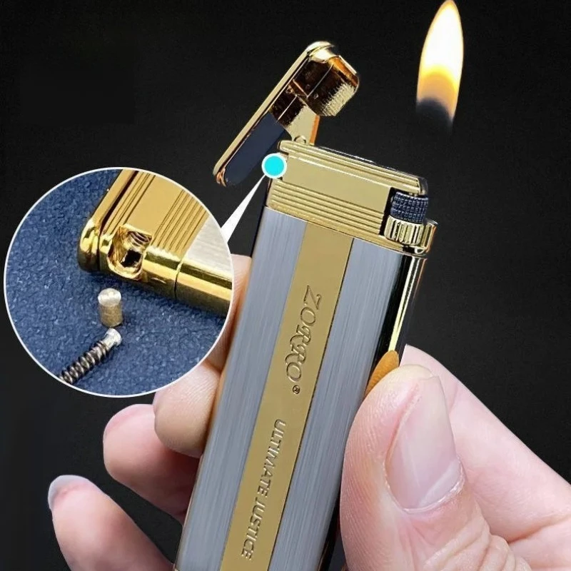 ZORRO Mini Ultra Thin Butane Gas Lighter Brass Vacuum Wire Drawing Sideslip Grinding Wheel Ignition Lighters Smoking Men's Gifts