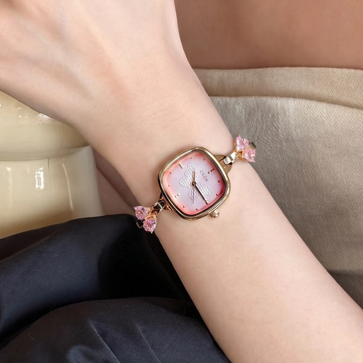 CILOA-Elegant Ladies Bangle Quartz Watch Square Pink Dial Butterfly Crystal Decor Rose Gold Strap Fashion Women Wristwatch-2629
