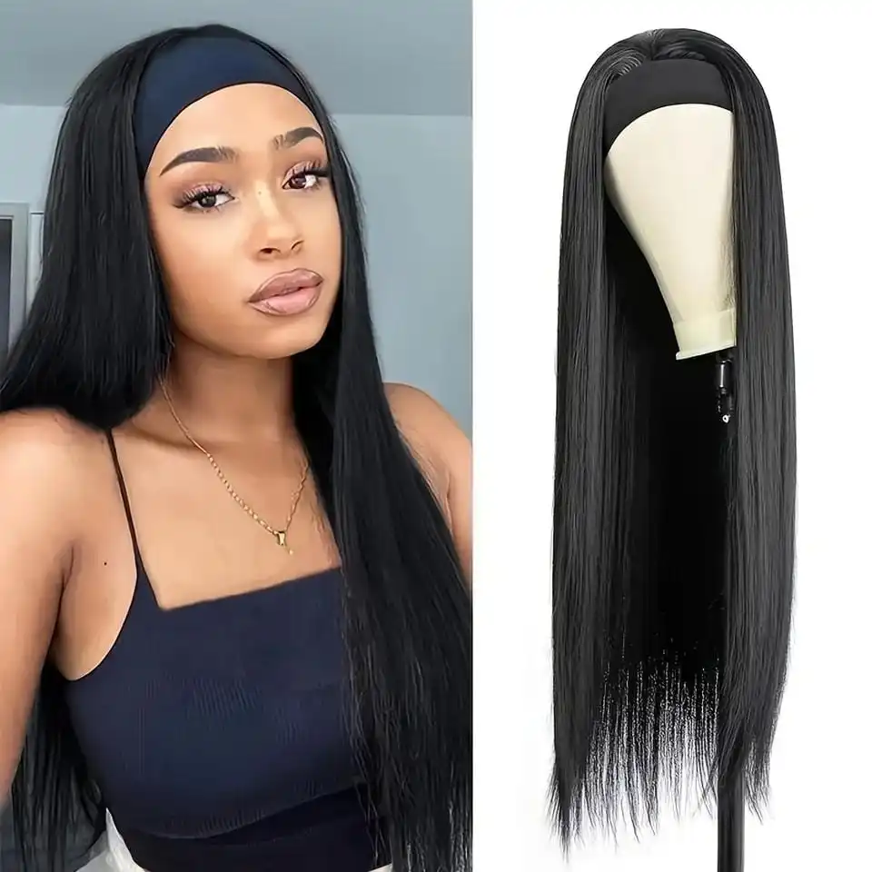 18/20/22/24/26 بوصة مستقيم عقال شعر مستعار أسود مقاومة للحرارة الاصطناعية الشعر المرأة عقال شعر مستعار آلة كاملة الباروكات النساء